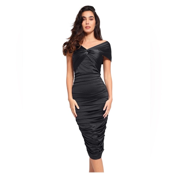 Popilush Dresses & Skirts - NEW Popilush Black Shapewear Off-Shoulder Ruched Shine Sculpting Midi Dress Lg